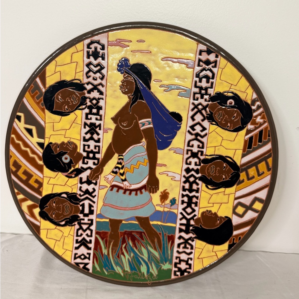 Vintage Signed Paraguay Folk Art Ceramic Wall Plate Hand Painted Indigenou 1959